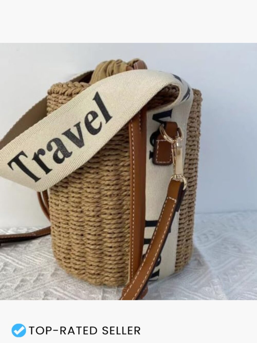 Straw Rattan Woven Bucket Tote Bag Crossbody Drawstring Beach Handbag - Picture 5 of 7